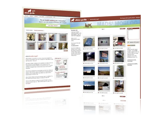 Two overlapping screenshots of the Albino Gorilla moblog showing photo grids and mobile upload instructions.