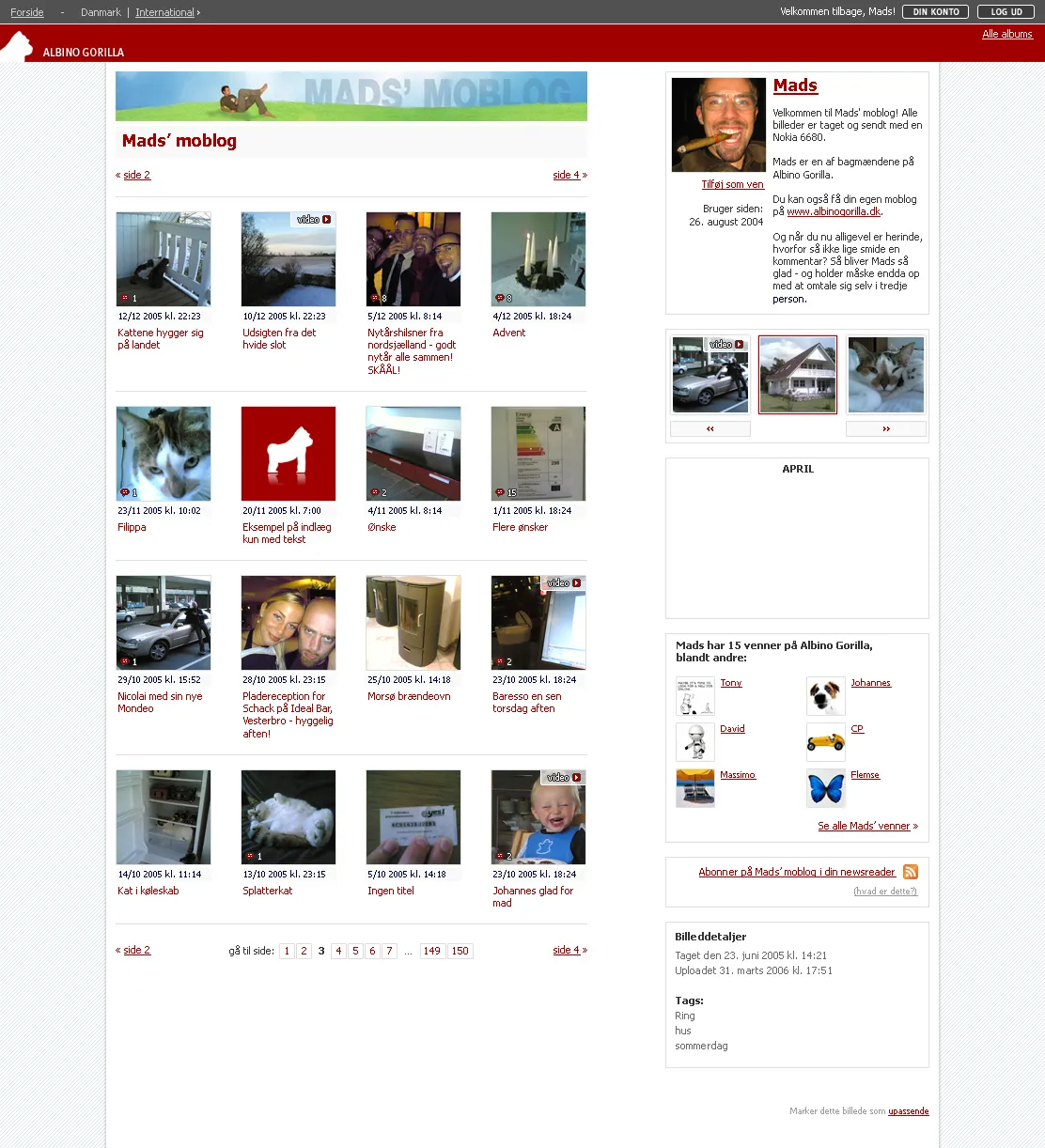 A 2006 Albino Gorilla moblog template overview showing a photo grid beside a profile, friends list and subscription controls.