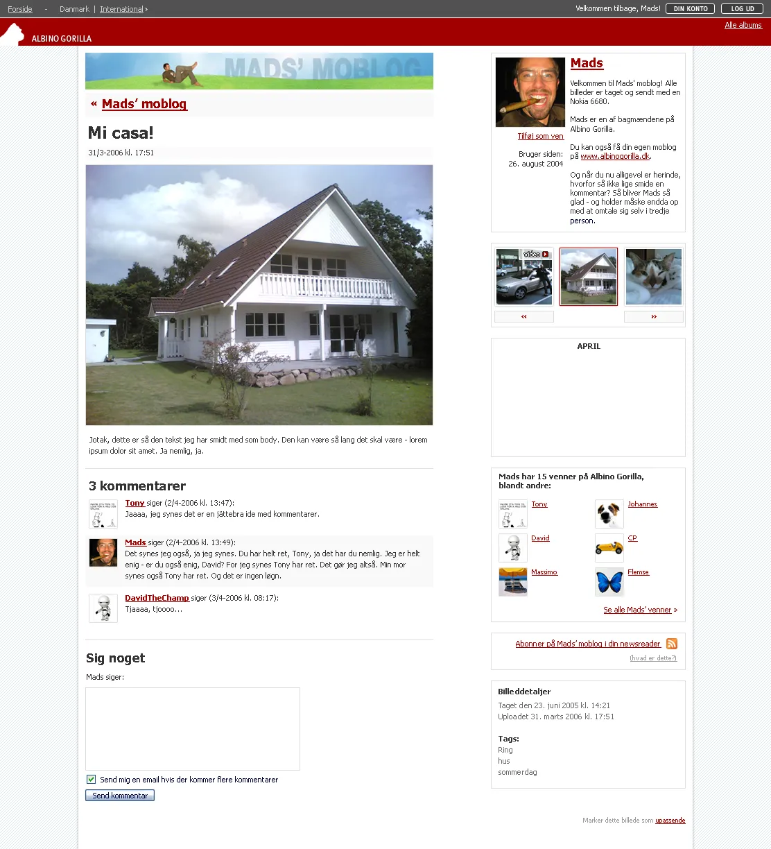 A 2006 Albino Gorilla post template showing a large house photo, comments, profile details, friends and tags.