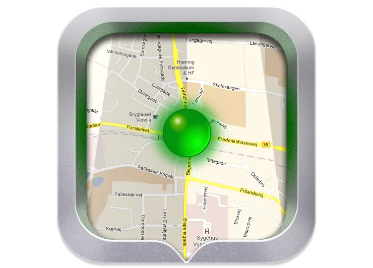 The iBeThere app icon with a green map pin inside a silver speech bubble.