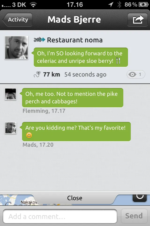 An iBeThere trip detail screen showing a map and conversation comments.