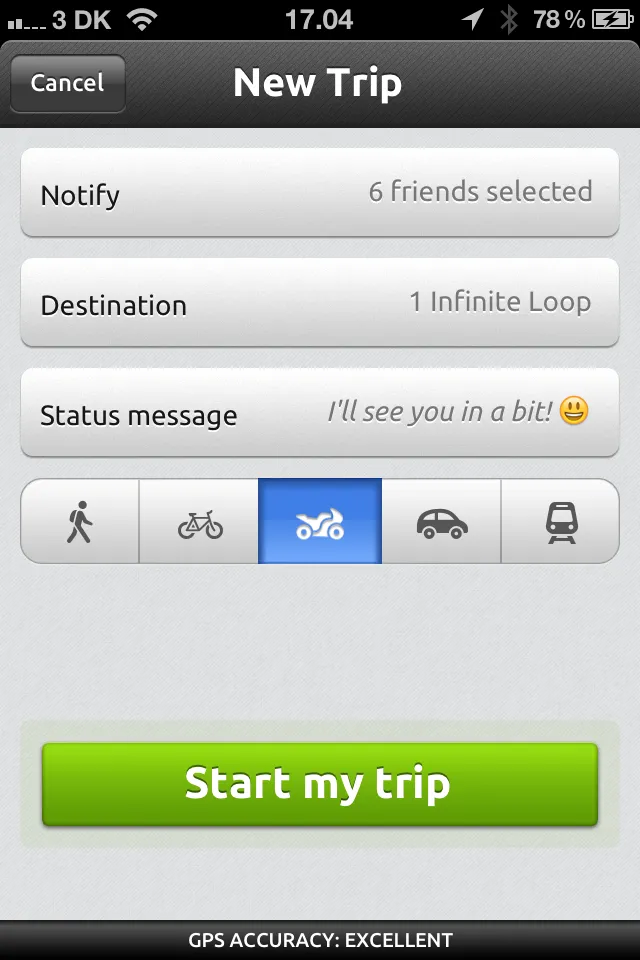 The iBeThere New Trip screen for choosing friends, destination and transport.