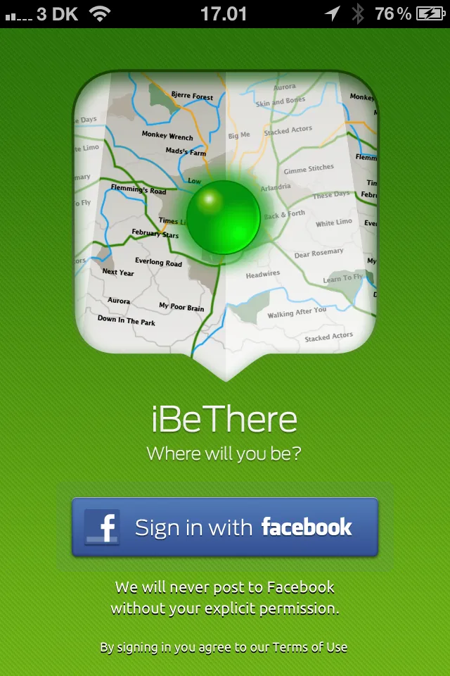 The iBeThere sign-in screen with its green map-pin icon and Facebook login button.