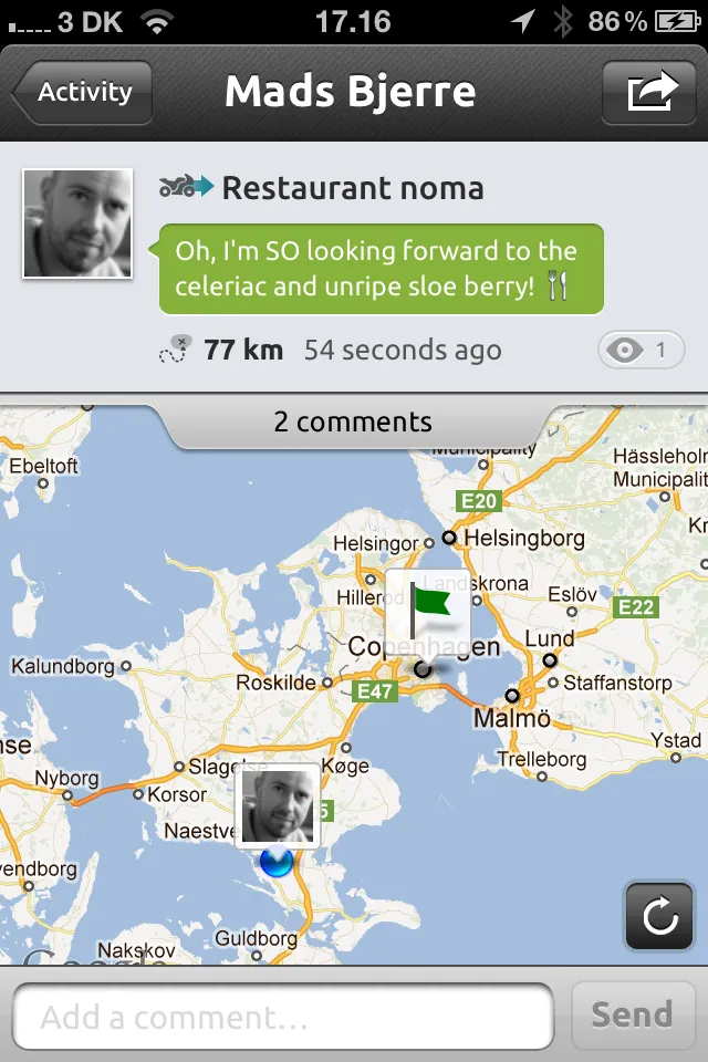 An iBeThere trip detail screen showing live progress toward Restaurant noma.